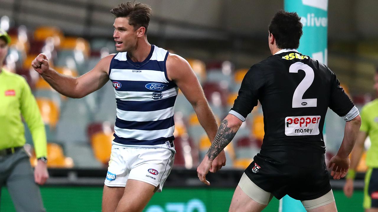 Tom Hawkins is in career-best form, and Geelong has figured out exactly how to use him. (Photo by Jono Searle/AFL Photos/via Getty Images)