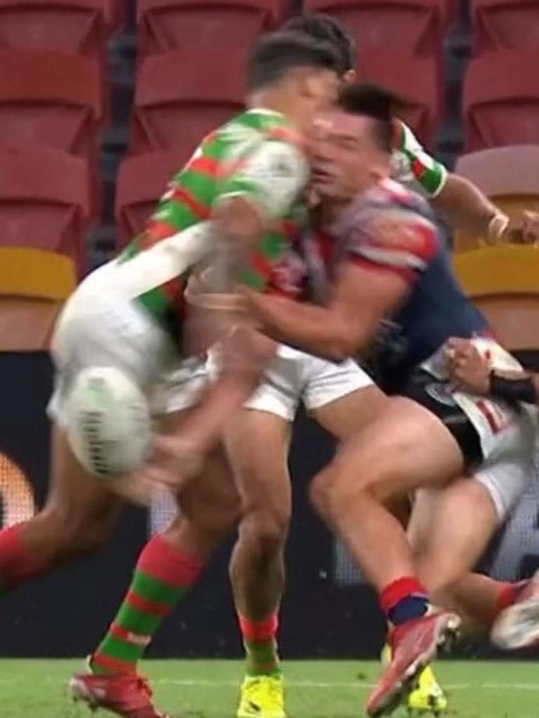 Latrell Mitchell’s hit on Joey Manu sparked a melee. Picture: Fox Sports