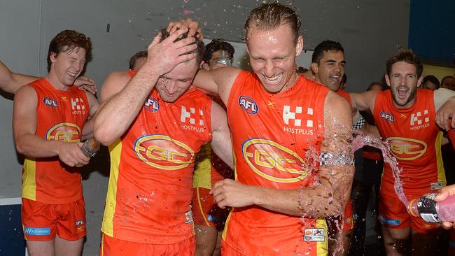 Pearce Hanley and Will Brodie celebrate their first win as Suns.