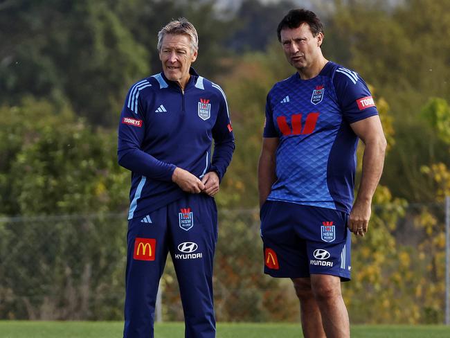 Craig Bellamy alongside Laurie Daley at NSW Blues training before State of Origin game one. Picture: Sam Ruttyn