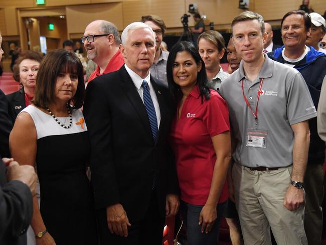 Karen and Mike Pence with American Red Cross of Southern Nevada public information officer Cynthia DeLaTorre and CEO of the American Red Cross of Greater New York Josh Lockwood in Las Vegas. Picture: Getty