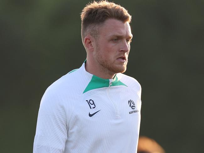 DOHA, QATAR - JANUARY 10: Harry Souttar of Australia controls the ball during an Australia Socceroos training session ahead of the the AFC Asian Cup at Qatar University Field 11 on January 10, 2024 in Doha, Qatar. (Photo by Robert Cianflone/Getty Images)