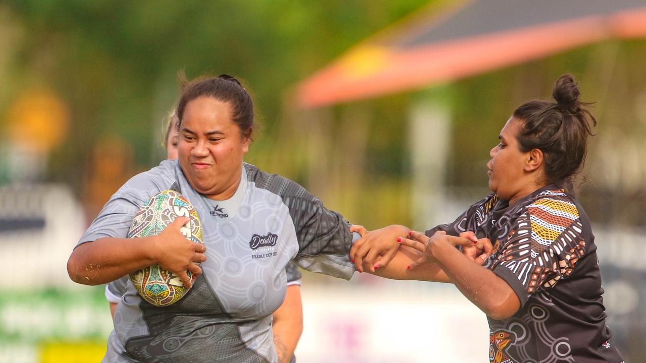 Christabel Aigea Faatoafe as the Indigenous All Stars take on the Territory All Stars in the senior women's rugby league Deadly Cup. Picture: Glenn Campbell