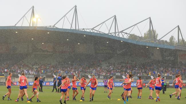 The pre-game entertainment for the AFLW Grand Final was cancelled due to wet conditions at Ikon Park.