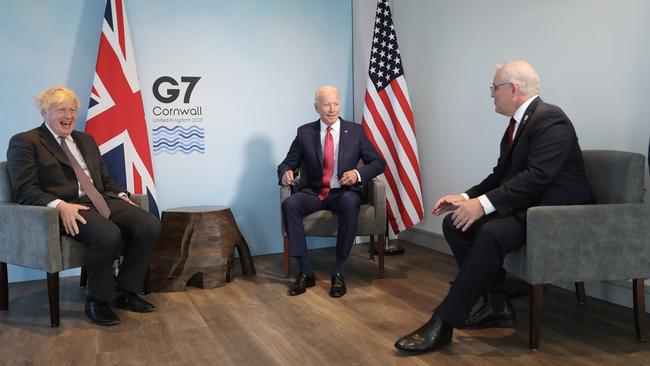 Prime Minister Scott Morrison had a trilateral meeting with US President Joe Biden and British Prime Minister Boris Johnson. Picture: Adam Taylor/PMO