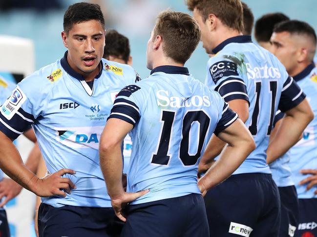 SYDNEY, AUSTRALIA - MARCH 27: Lalakai Foketi of the Waratahs looks dejected after a try during the round 6 Super RugbyAU match between the NSW Waratahs and the Queensland Reds at Stadium Australia, on March 27, 2021, in Sydney, Australia. (Photo by Mark Kolbe/Getty Images)