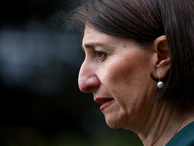 Premier Gladys Berejiklian talks to the media after the ICAC bombshell on Monday. Picture: Toby Zerna