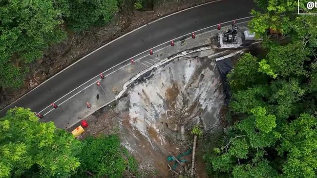 An aerial view of the damaged Kuranda Range Rd. Picture: TMR