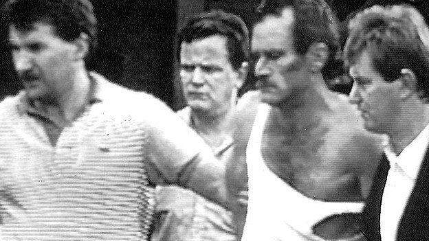 Russell “Mad Dog” Cox after his capture at Doncaster Shopping Centre in 1988.