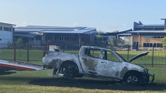 Car after it had been lit on fire at Balaclava Road. Picture: Cairns Crimes and Alerts Facebook Page, Tarryn Young