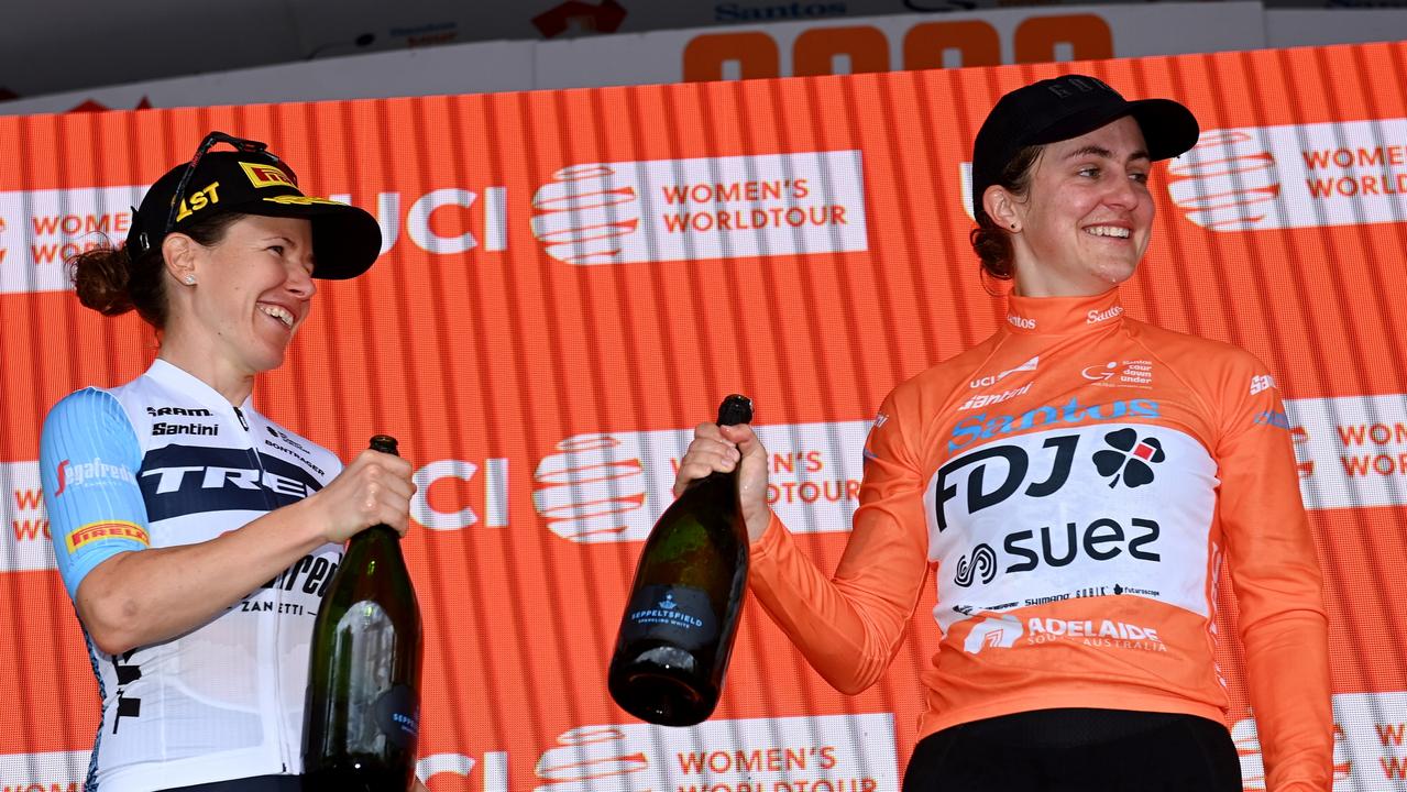 (L-R) Amanda Spratt and Grace Brown on the podium at the conclusion of the women’s Tour Down Under. (Photo by Tim de Waele/Getty Images)