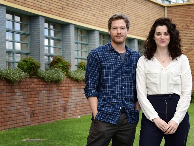 12.2.19 - Sam Reid & Jessica de Gouw on set at Adelaide High School, for a new TV series being filmed in Adelaide, 'The Hunting'.  Deals with fallout from teens posting nude photos online. Picture: Bianca De Marchi