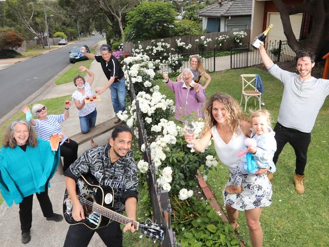 Jan Juc residents for 'Happy Hour'.  [Up front] Cedric and Nicole, [clockwise from far left] Laura, Norma, Erika, Andrew, Brooke, Anni and Martin. The whole region having a 'welcome back' happy hour - organised by Nicole Dickmann from Surfcoast angels. Picture: Alex Coppel.