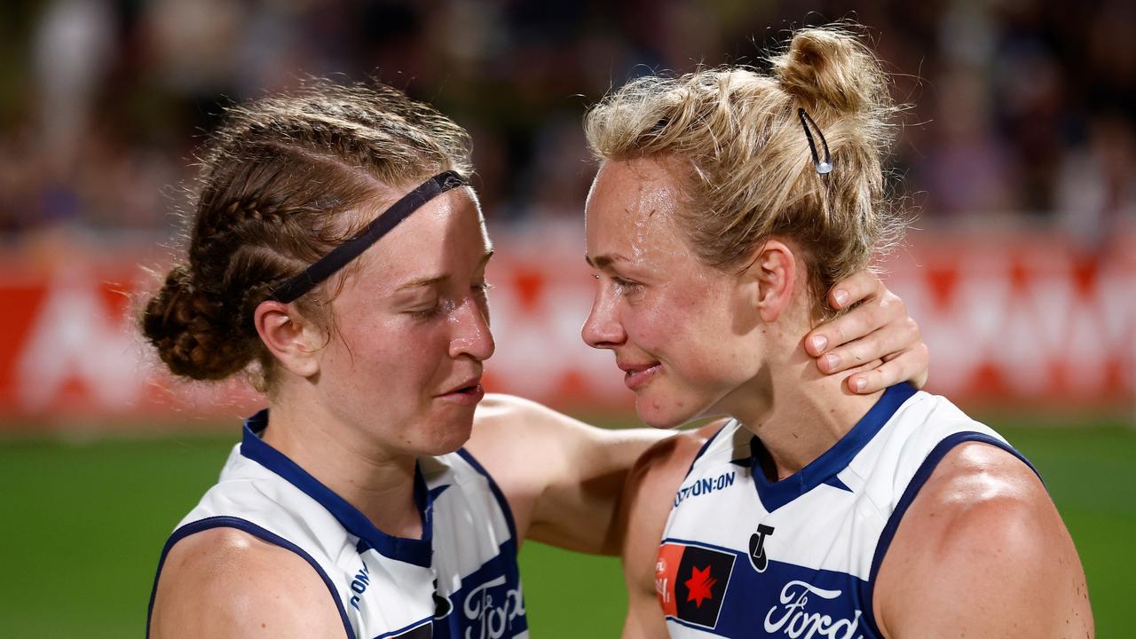 Renee Garing is consoled by Mikayla Bowen after her final AFLW game. Picture: Getty Images