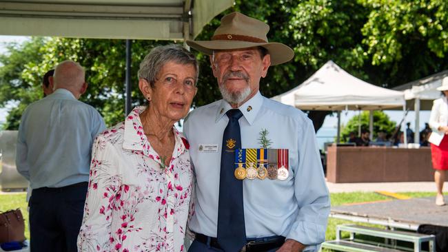 Kaye Dunn and Jeff Dunn OAM at the Darwin Cenotaph's Remembrance Day service, 2024. Picture: Pema Tamang Pakhrin