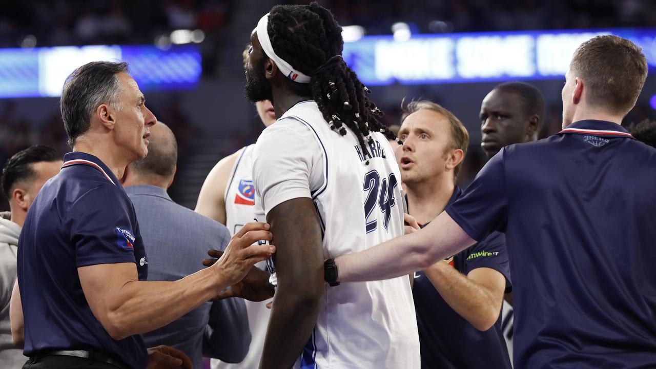 Montrezl Harrell of the Adelaide 36ers argues with a member of the crowd. (Photo by Darrian Traynor/Getty Images)