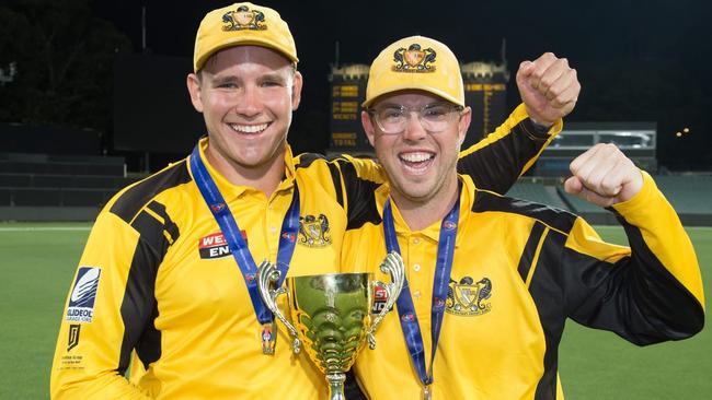 SACA Cricket: Glenelg captain Jake Winter (left) and Conor McInerney celebrate Glenelg's 2024-25 T20 Cup triumph. Picture: SACA.