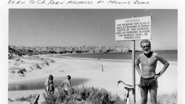 SA politician Robin Millhouse at Maslin Beach. He wanted the area available for nude bathing extended.