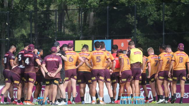 Broncos players gather at the team’s Red Hill base on Sunday. Picture: Peter Wallis