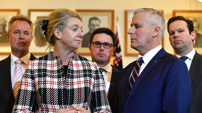 From left, Nigel Scullion, Bridget McKenzie, David Littleproud, Michael McCormack and Matt Canavan in Canberra. Picture: AAP.