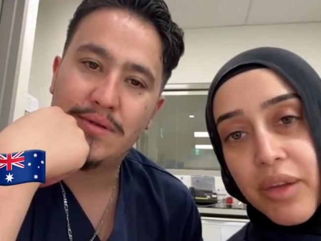 NSW government officials are investigating after nurses at Bankstown Hospital, Rashad Nadir and Sarah Abu Lebdeh, wearing their NSW Health uniforms were filmed declaring they refuse to treat Israeli people and would "kill them" if they present to their ward. Picture: NewsWire Handout