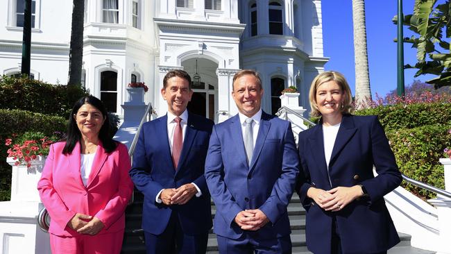 Premier Steven Miles kicks off the election with a visit to Government House with Grace Grace, Cameron Dick and, Shannon Fentiman. Picture: NewsWire/ Adam Head