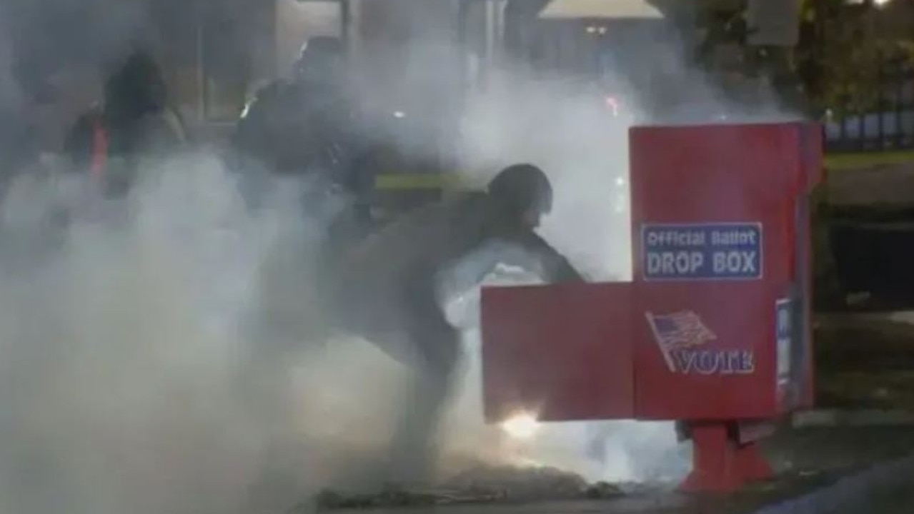 The drop-off ballot box went up in flames early on Monday. Picture: KATU 2 News