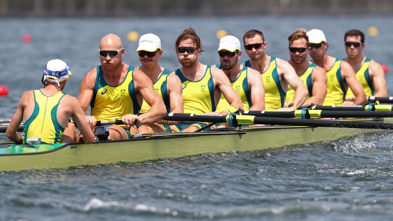 Geelong rower Angus Widdicombe in the Australian men’s eight on day five of the Tokyo Olympics in July, 2021. Picture: Julian Finney/Getty Images.