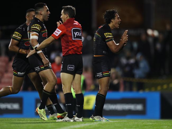 Penrith's Jarome Luai celebrates after scoring a try in the last minute of the game. Picture: Brett Costello