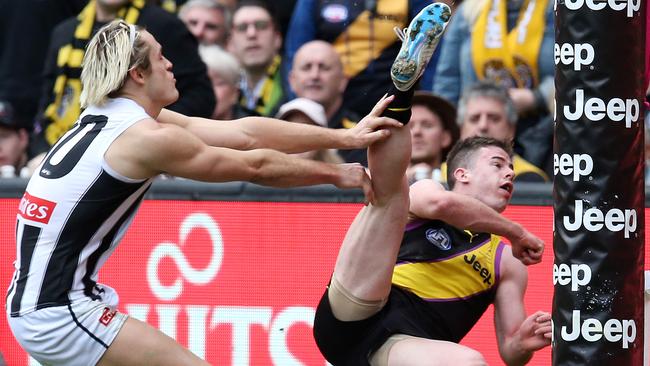 Richmond’s Jack Higgins kicks an amazing goal. Picture: Michael Klein