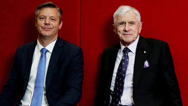 Seven West managing director and CEO James Warburton, left, with Seven West chairman Kerry Stokes. Picture: Nikki Short.