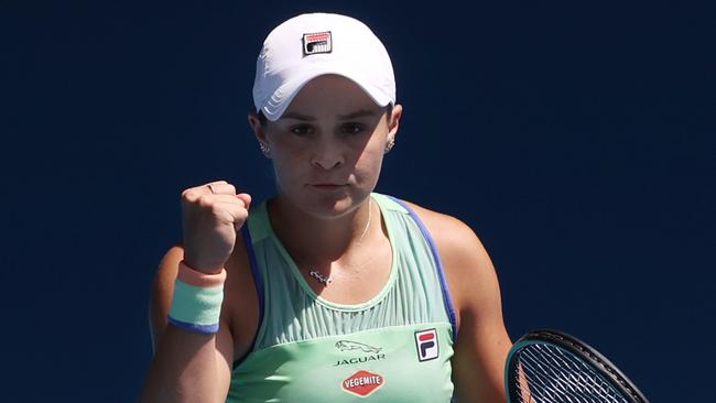 Ash Barty celebrates a game win during her quarter-final against Petra Kvitova. Picture: Michael Klein.