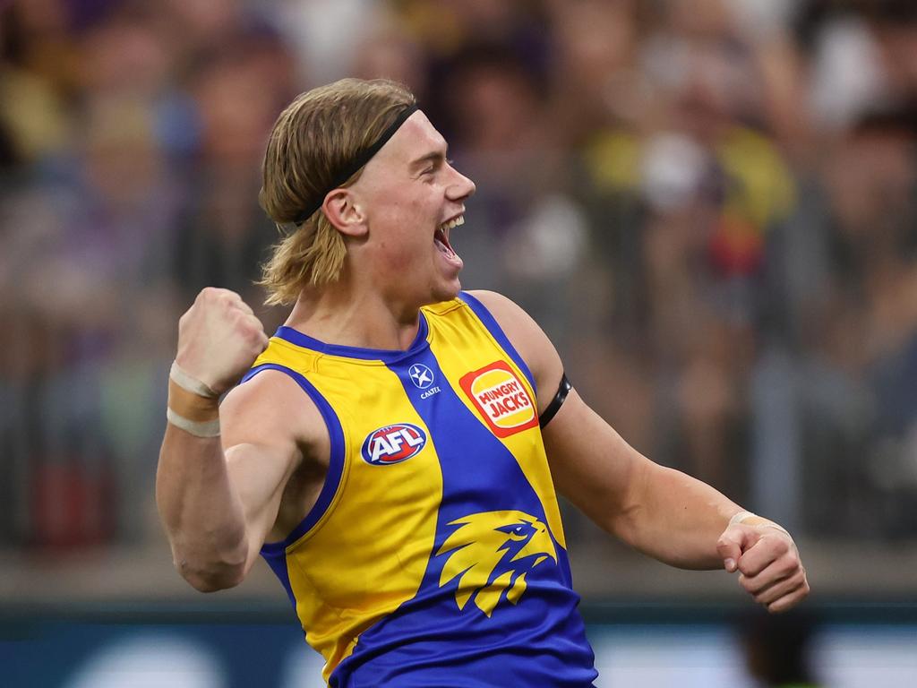 Harley Reid of the Eagles celebrates after scoring a goal. (Photo by Will Russell/AFL Photos via Getty Images)