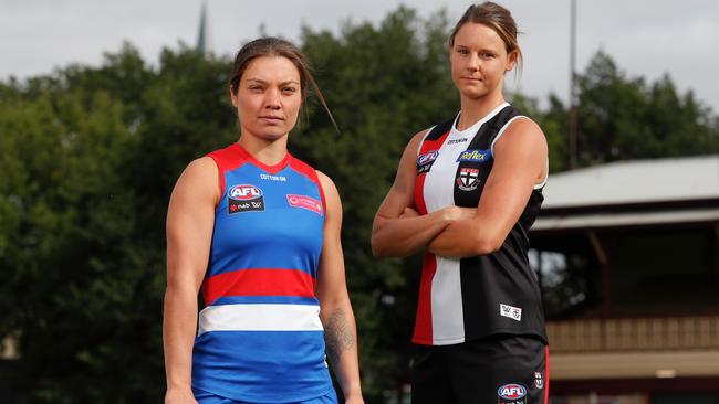 Ellie Blackburn and Rhiannon Watt will lead their teams into battle on Friday night. Picture: AFL Photos/Getty Images