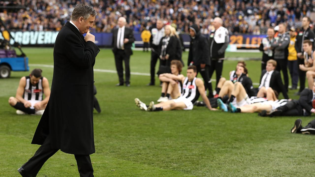 McGuire reacts after the Magpies’ heartbreaking Grand Final loss to West Coast in 2018. Picture: Ryan Pierse/AFL Media/Getty Images