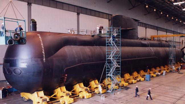 The first of Australia's 2500-tonne Collins class submarines nearing completion at Australian Submarine Corporation in 1993.