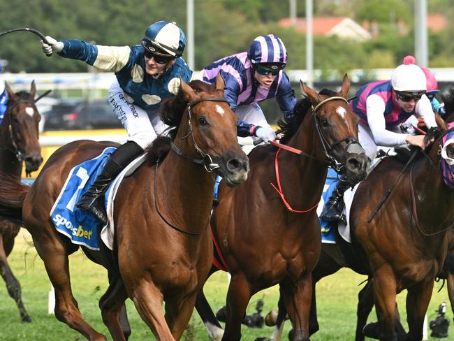 MELBOURNE, AUSTRALIA - FEBRUARY 22: Ethan Brown riding Jimmysstar defeats Craig Williams riding She's Bulletproof in Race 9, the Sportsbet Oakleigh Plate during Melbourne Racing at Caulfield Racecourse on February 22, 2025 in Melbourne, Australia. (Photo by Vince Caligiuri/Getty Images)