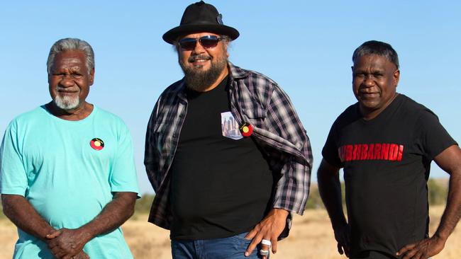 Yindjibarndi men Middleton Cheedy, left, Michael Woodley and Kevin Guiness in Roebourne. Picture: Marg Bertling