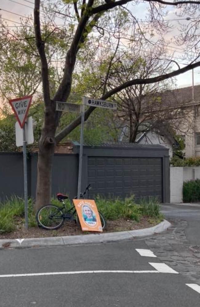 Former Stonnington mayor Kate Hely has been accused of "illegal election tactics" after corflutes on bicycles were seen padlocked around the South Yarra ward. Picture: supplied.