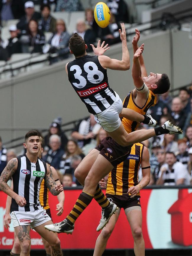 Jeremy Howe launches against the Hawks. Picture: Wayne Ludbey