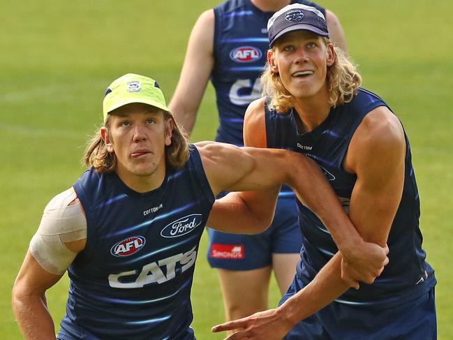 Rhys Stanley and Sam De Koning in the ruck during a drill. Picture: Alison Wynd