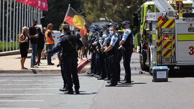 Protesters and police officers squaring off on December 30 2021 following a blaze at Old Parliament House. Picture: NCA NewsWire / Gary Ramage