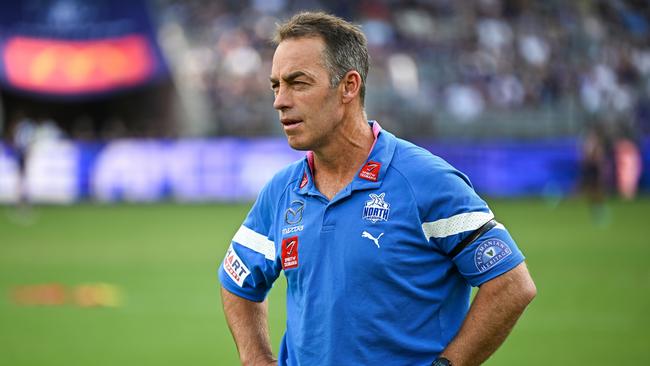 PERTH, AUSTRALIA - MARCH 25: Alastair Clarkson, Senior Coach of the Kangaroos looks on during the 2023 AFL Round 02 match between the Fremantle Dockers and the North Melbourne Kangaroos at Optus Stadium on March 25, 2023 in Perth, Australia. (Photo by Daniel Carson/AFL Photos via Getty Images)