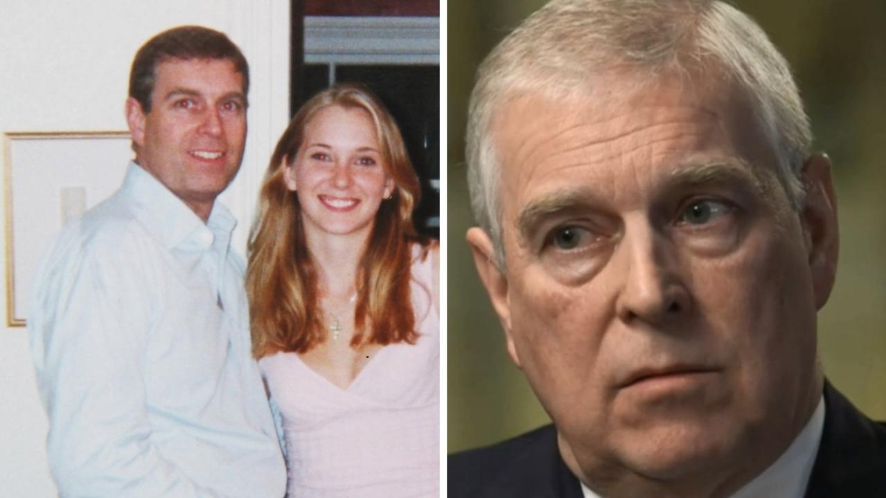 Prince Andrew with Virginia Roberts (now Giuffre) in 2001 and during his Newsnight interview. Picture: BBC: Supplied