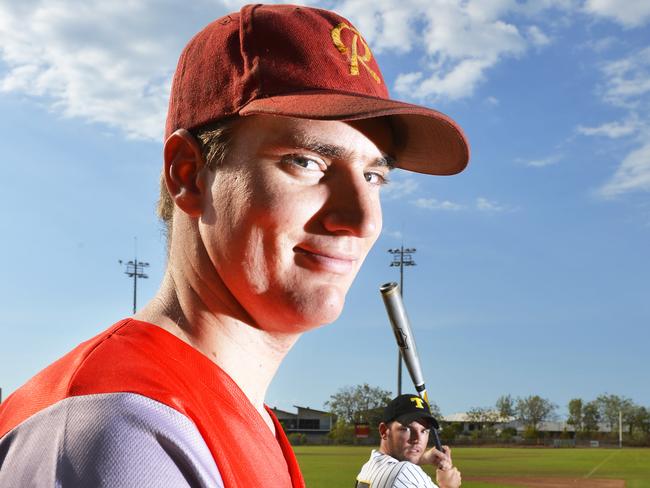 Tracy Village Rebels Baseball Club president Brodie Hertel (left), with Nightcliff’s Drew Hodgson, is concerned a report recommending changes at the Tracy Village Social and Sports Club has left baseball of the agenda. Picture: Elise Derwen.