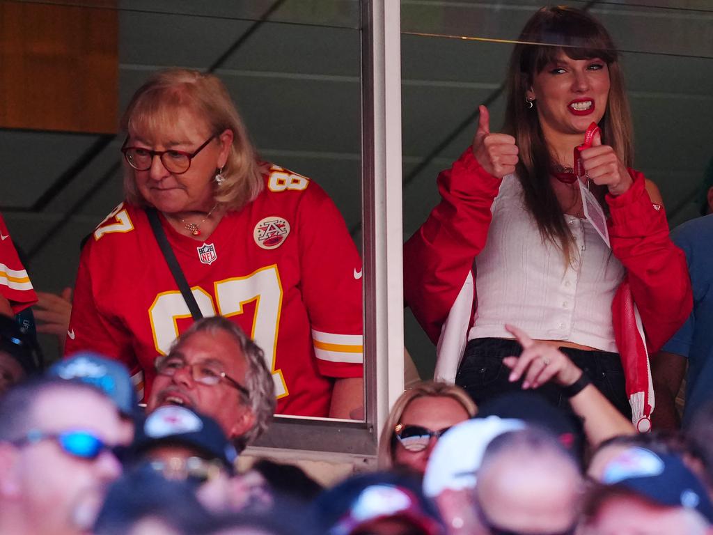 Donna Kelce and Taylor Swift are seen during the first half of a game between the Chicago Bears and the Kansas City Chiefs at Arrowhead Stadium on September 24. Picture: Jason Hanna / Getty Images