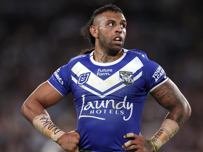 SYDNEY, AUSTRALIA - AUGUST 30:  Josh Addo-Carr of the Bulldogs looks on during the round 26 NRL match between Canterbury Bulldogs and Manly Sea Eagles at Accor Stadium on August 30, 2024, in Sydney, Australia. (Photo by Cameron Spencer/Getty Images)