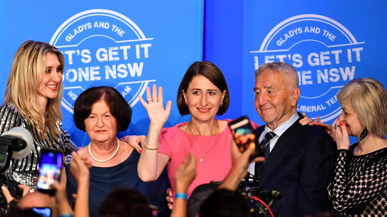 New South Wales Liberal leader Gladys Berejiklian celebrates with sister Mary (left) mother Arsha and father Krikorat and sister Rita. Picture: AAP Image/Dean Lewins.