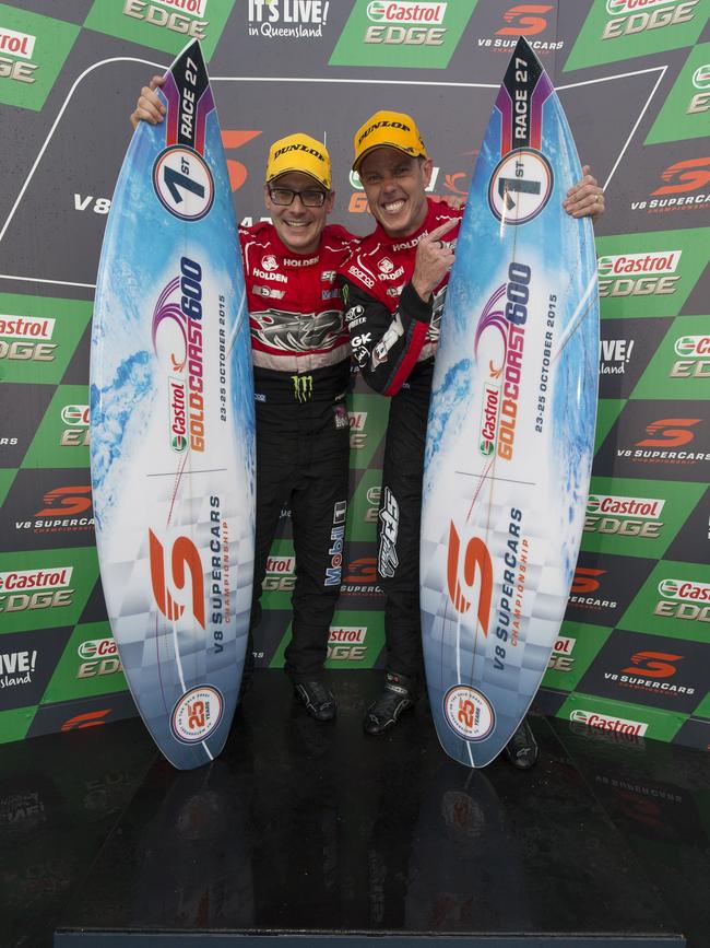 James Courtney and co-driver Jack Perkins of the Holden Racing Team win the Castrol EDGE Gold Coast 600, at the Gold Coast Street Circuit, Surfers Paradise, Queensland, October 25, 2015. (AAP Image/Mark Horsburgh)