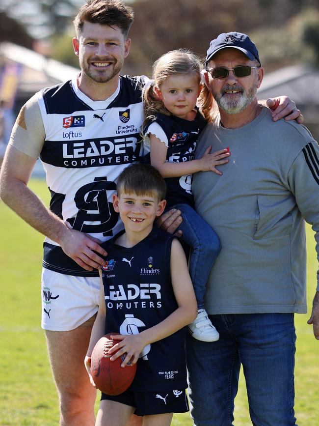 South Adelaide's Bryce Gibbs with his dad Ross and children Charlie and Madison at his farewell game at the Bay on Saturday. Picture: Cory Sutton/SANFL.